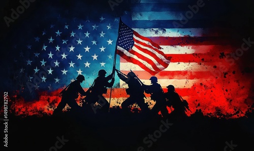 Silhouettes of soldiers raising a large flag against a backdrop of a textured American flag, evoking patriotism and unity in a dramatic scene
