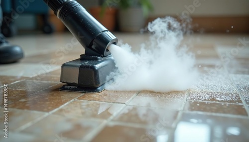 Steam cleaner nozzle cleaning grout, close-up view showing powerful steam jet removing dirt , grime, effective cleaning