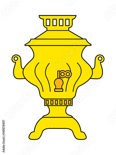 The golden samovar. Illustration of russian teapot. Russian object for preparing hot drinks on an isolated white background
