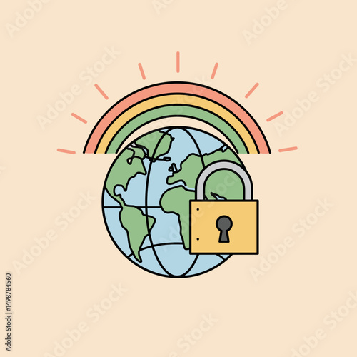 Earth globe with padlock under rainbow graphic illustration  