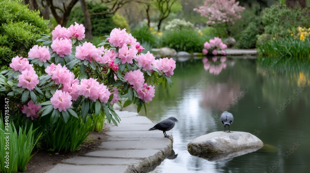 Naklejka premium Northwestern crows standing near blooming rhododendron and pond in spring