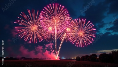 Vibrant fireworks explode in a night sky celebrating a victory , triumph, burst
