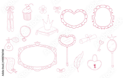 Princess set cute hand drawn sketch. Girl magic fairy mirror, pageant, crown, fairytale fantasy. Royal accessory. Letter and key.