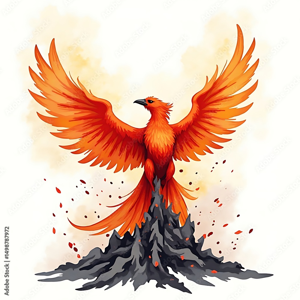 Fototapeta premium Phoenix Rises From Ash with Fiery Wings