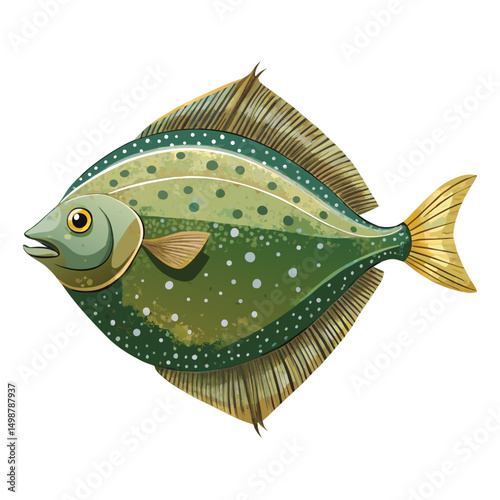 a realistic watercolor of a flounder fish with its flat body