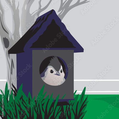 Cute Tufted Titmouse peeking from a birdhouse in a cozy backyard scene.
