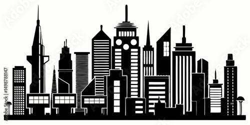 Bold black silhouette of a modern urban city skyline featuring skyscrapers, ideal for tech, business, or architectural design projects.