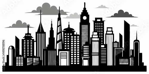Bold black silhouette of a modern urban city skyline featuring skyscrapers, ideal for tech, business, or architectural design projects.