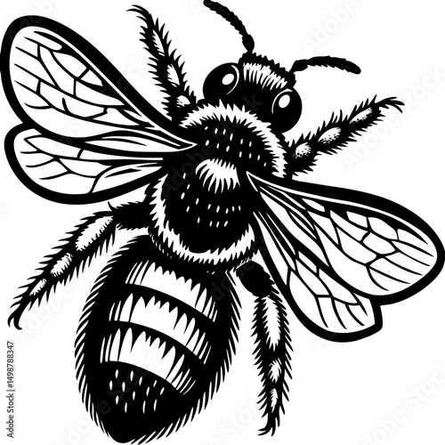 Highly detailed black illustration of a bee, showing intricate wing and body patterns—perfect for logo, design, or educational use. photo