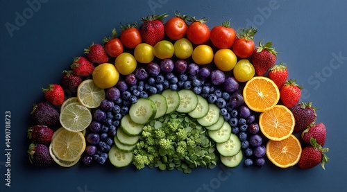 Vibrant Food Rainbow: Colorful Fruit & Vegetable Arch on Dark Blue Background for Healthy Eating Campaigns (Commercial Use) Nutritional Chromatic Art: High-Res Fruit-Veggie Rainbow Healthy Eating 