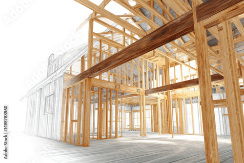 Wooden house construction and architectural blueprint fusion, cut out