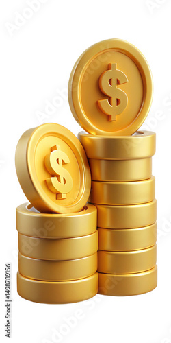 3D rendered stack of shiny gold coins with dollar signs, symbolizing wealth, finance, investment, and economic prosperity.