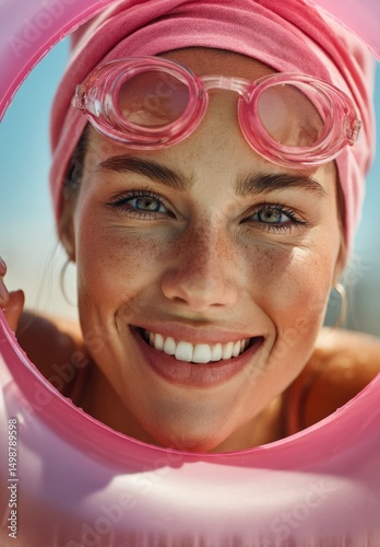 Woman with pink swimming cap and goggles at the pool. The concept of this picture is summer vacation, relaxation and youthful energy. Summer concept.