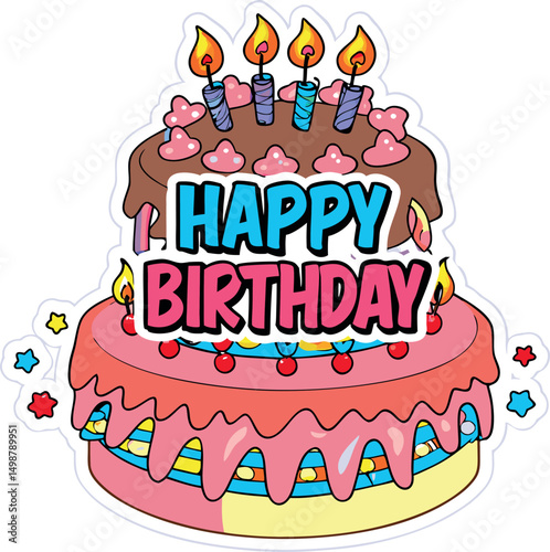 Birthday cake and Happy Birthday sign illustration.

