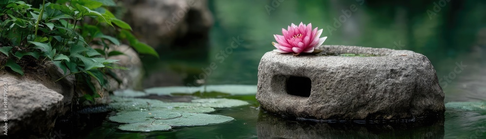 Fototapeta premium Koi pond with lantern and minimalism by rock concept. A serene lotus flower resting on a stone in serene water.