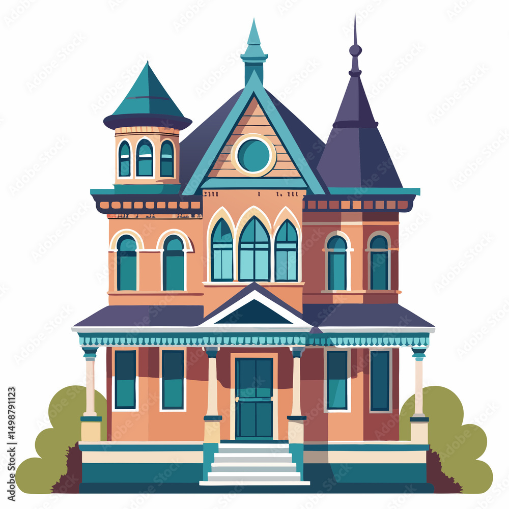 Fototapeta premium Classic Victorian-style house illustration with ornate details, ideal for real estate, architecture, and historical design themes.