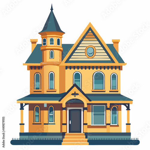 Classic Victorian-style house illustration with ornate details, ideal for real estate, architecture, and historical design themes.