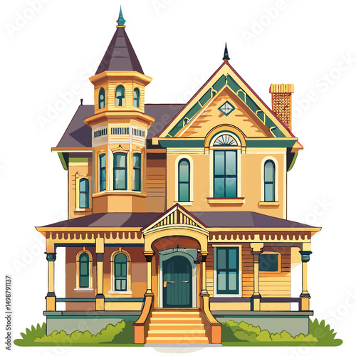 Classic Victorian-style house illustration with ornate details, ideal for real estate, architecture, and historical design themes.
