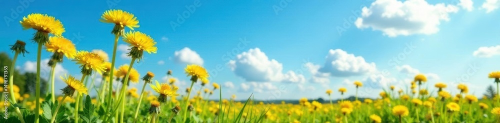 Fototapeta premium Golden dandelions against azure sky, idyllic scene, image, background