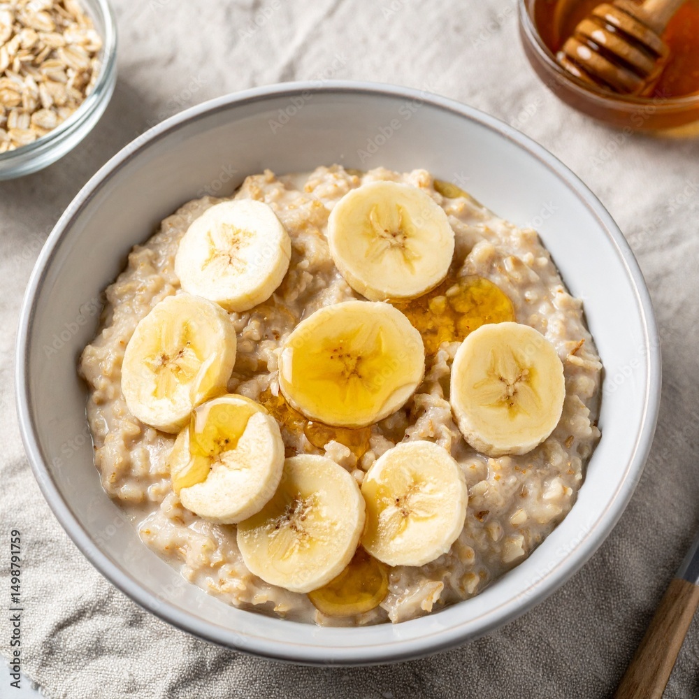 Warm Oatmeal Bowl with Sliced Bananas and Honey Drizzle on Cozy Linen Tablecloth Setting Warm Oatmeal Bowl with Sliced Bananas and Honey Drizzle on Cozy Linen Tablecloth Setting