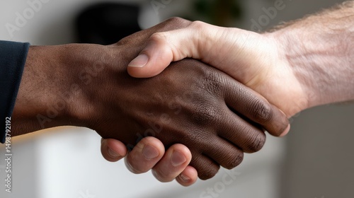 Close-up of a handshake between two diverse individuals symbolizing unity, collaboration, and mutual respect in professional settings