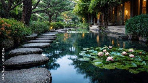 Koi pond with lantern and minimalism by rock concept. A tranquil garden with a serene pond and blooming water lilies.