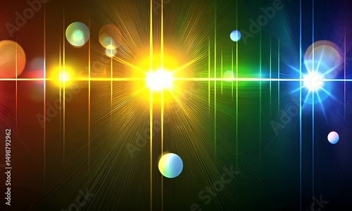 Vibrant abstract artwork featuring radiant lights and blurred orbs, set against a dark background with a grid-like structure
