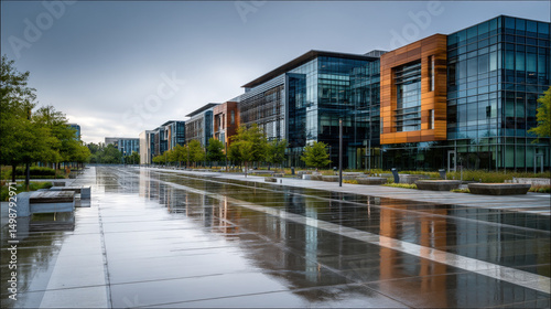 Modern Glass Buildings Reflecting Rain in Urban Setting Under Cloudy Sky