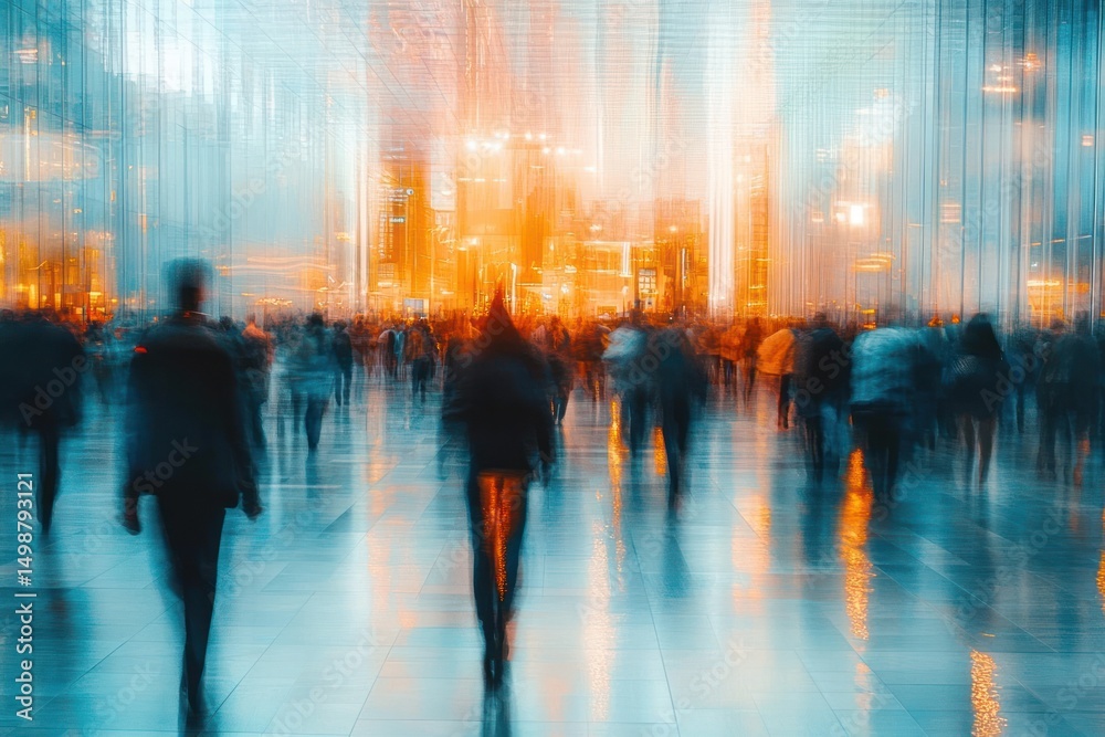 blurred crowd of people walking on a shiny floor with tall illuminated buildings in the background creating a dynamic and bustling urban atmosphere