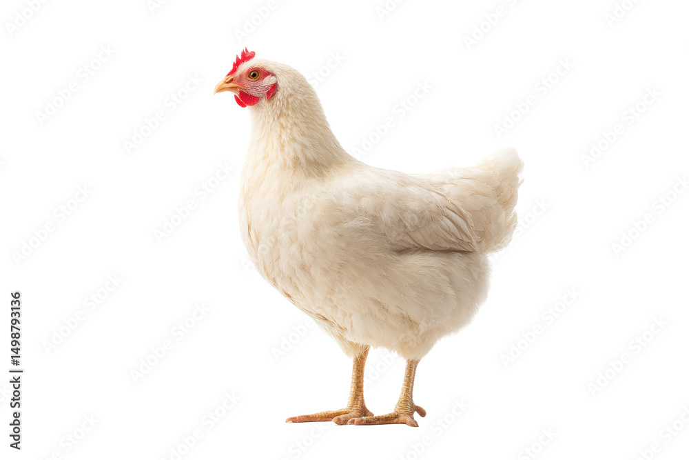 Fototapeta premium White hen standing on black background with red comb and wattles, cut out