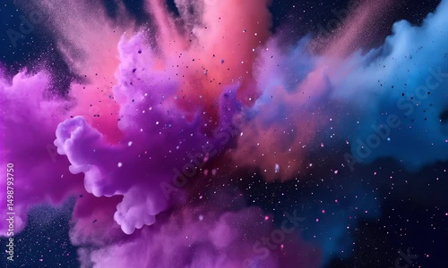 Vibrant explosion of color; pink, purple, and blue hues burst outwards, small particles scattered across a dark background