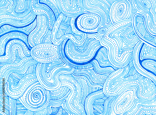 Background filled with patterns. Thin blue lines, dots, waves on a white background. Doodle. Chaotic ornament. Texture. Light blue, cyan color.