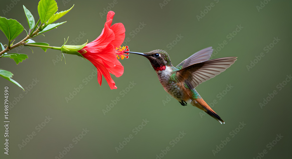 Fototapeta premium Hummingbird Feeding on Hibiscus Flower