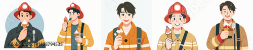 firefighter character vector eating ice cream