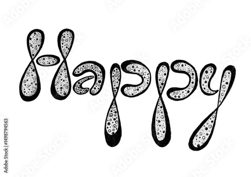 Doodle lettering word Happy. Isolated on white background. Black, gray color. Rounded letters. Black outline of different thickness in different places. Filled with circles and dots. Drawing with ink.