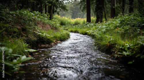 Flowing Natural Stream Surrounded by Lush Greenery After Heavy Rainfall in a Peaceful Forest Setting