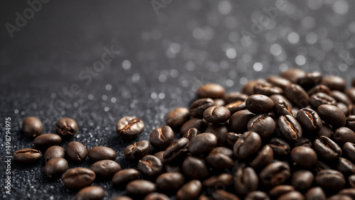 Pile of roasted coffee beans on a dark textured surface with bokeh