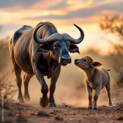 African buffalo mother walking with her calf at sunset