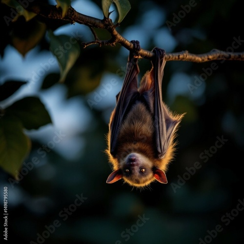 Small bat hanging upside down from tree branch
