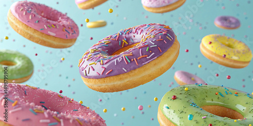 Brightly colored donuts with sprinkles float in the air against a vibrant blue background, creating a fun and playful concept perfect for dessert themes.
