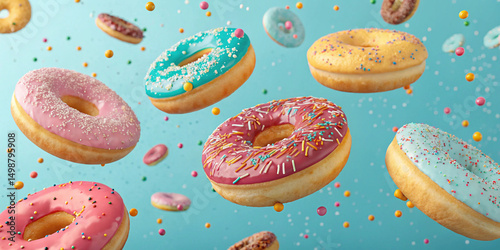 Brightly colored donuts with sprinkles float in the air against a vibrant blue background, creating a fun and playful concept perfect for dessert themes.