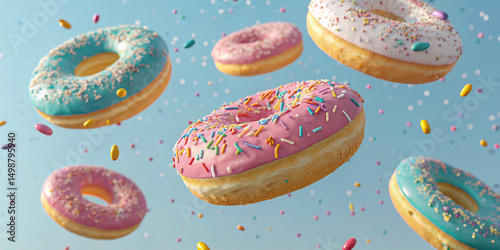 Brightly colored donuts with sprinkles float in the air against a vibrant blue background, creating a fun and playful concept perfect for dessert themes.