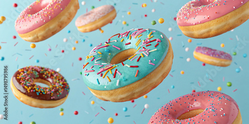 Brightly colored donuts with sprinkles float in the air against a vibrant blue background, creating a fun and playful concept perfect for dessert themes.