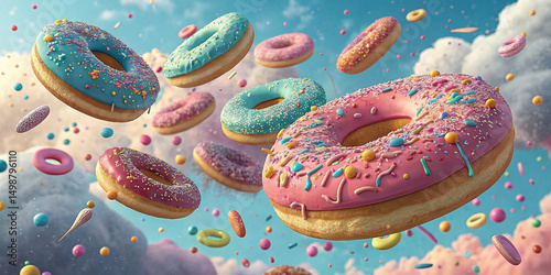 Brightly colored donuts with sprinkles float in the air against a vibrant blue background, creating a fun and playful concept perfect for dessert themes.