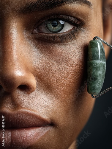 A woman uses a jade roller for facial care. The concept of this image is beauty, skin care and wellness.