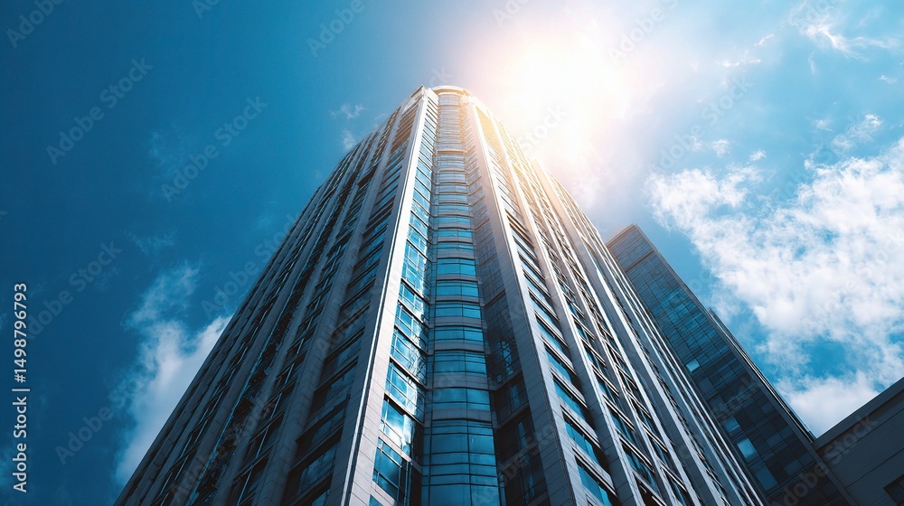 Fototapeta premium Modern Office Tower Reaching Towards Bright Blue Sky Under Sunlight