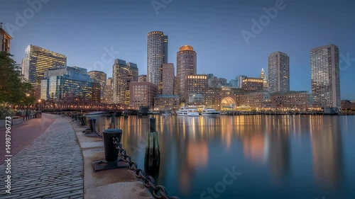Boston downtown financial district skyline with modern skyscrapers and historic architecture under clear blue sky