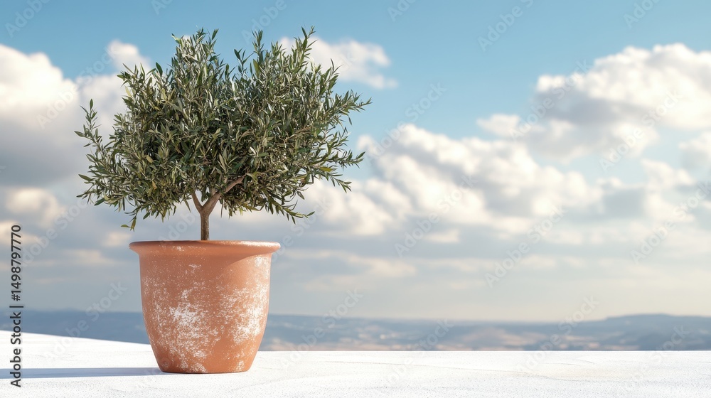 Fototapeta premium Olive tree in terracotta pot set against blue sky and clouds. Perfect for summer gardening ads or Mediterranean lifestyle images.