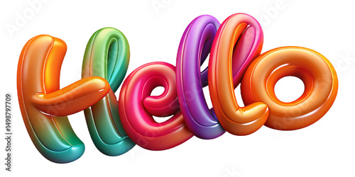 Bright and colorful 3D “hello” lettering in holographic style perfect for greeting cards, posters, stickers, and digital artwork with vibrant flair.