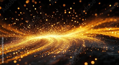 Glowing golden particles swirling and sparkling dynamically against dark background creating a vibrant wave-like pattern and magical atmosphere